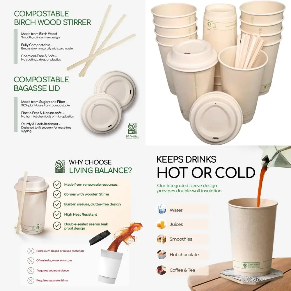 

Компостируемые стаканы 16 унций с крышками из багассы — 75 штук, герметичные, на растительной основе, из CPLA, для напитков на вынос