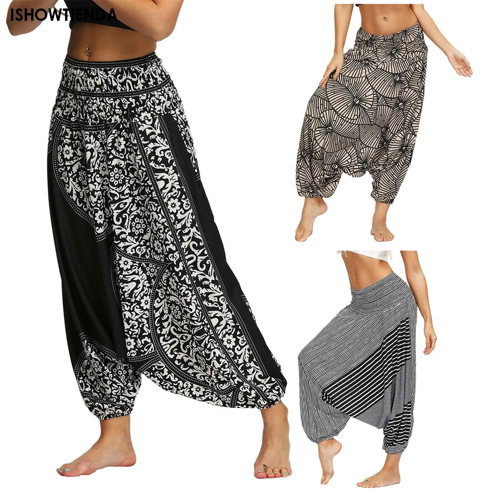 

Women Bohemian Harem Pants Elastic Waist Wide Leg Long Pant Vintage Printed Trousers Female Loose Capris Ladies Streetwear