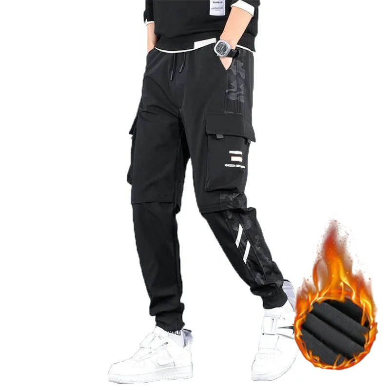 Men's thick and plush autumn pants  mid waist  autumn and winter leggings  cold proof  youth comfortable  cotton and woolen pant