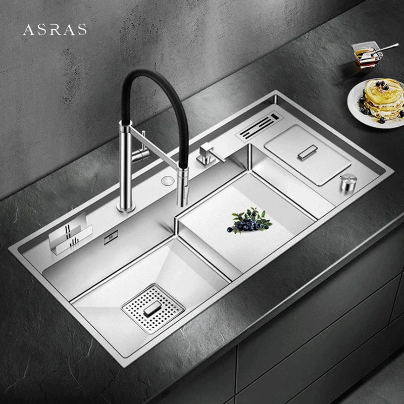 

ASRAS Large Size Step Kitchen Sink SUS 304 Stainless Steel 4mm Thickness Handmade Brushed Step Sinks With Trash Can