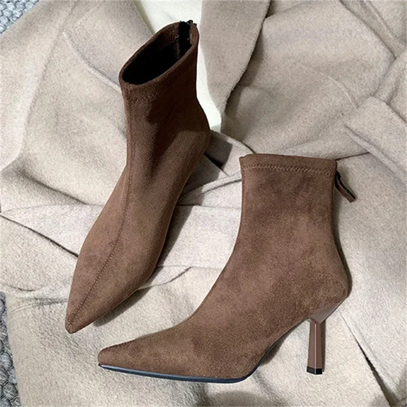 

Eilyken/женские ботильоны высокого качества с острым носком, модная обувь на тонком каблуке с молнией, осенне-зимние короткие ботильоны «Челси»