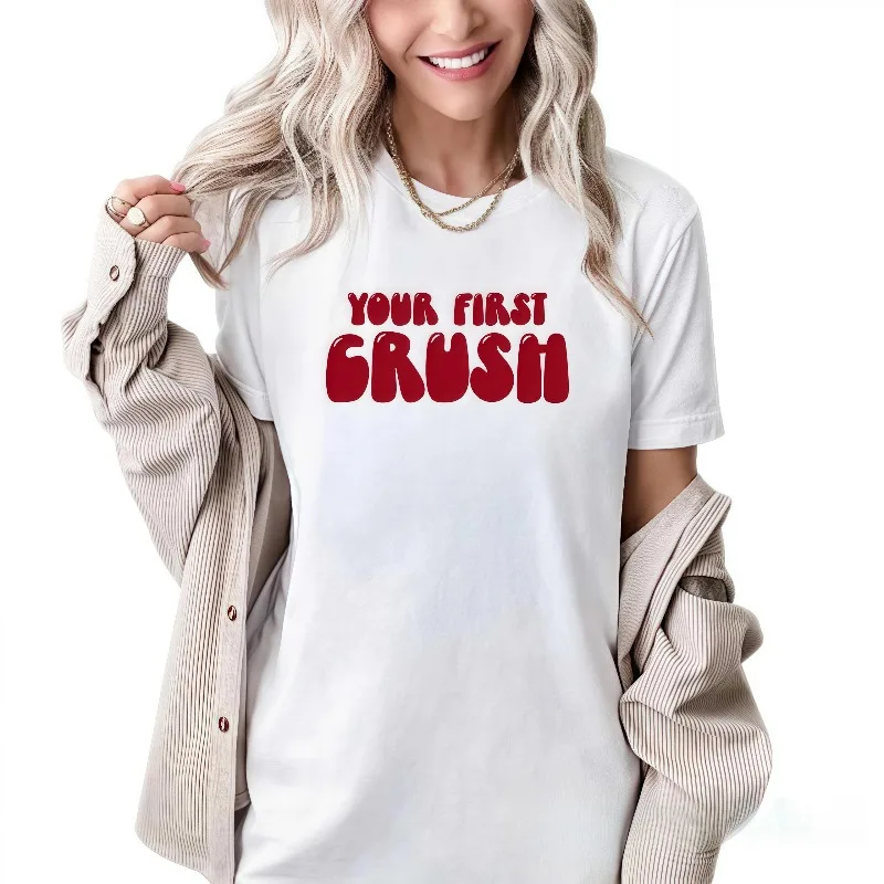 

Футболка Your First Crush, женская белая футболка с рисунком, повседневный летний топ с короткими рукавами, милая массивная рубашка в стиле ретро, подарок с буквенным принтом