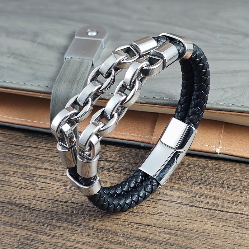 Mehrschichtiges Herren-Lederarmband mit Edelstahl-Mechanik-Elementen, kubanische Kette, geometrisches Muster, Armreifen für Herren, Schmuckgeschenk – Detail 6