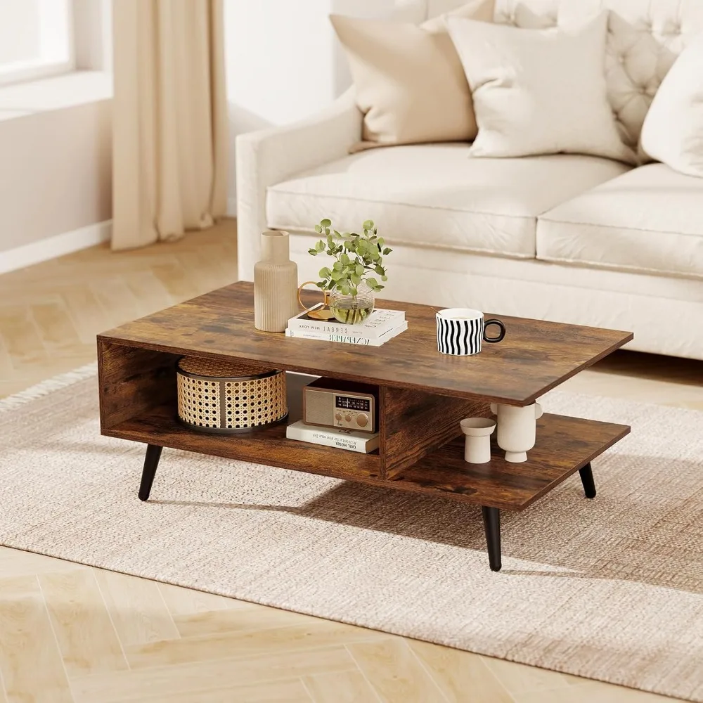 

Wood Coffee Table, 2-Tier Mid Century Modern Center Table with 2 Open Storage Compartments & Metal Legs, Rectangular Acc