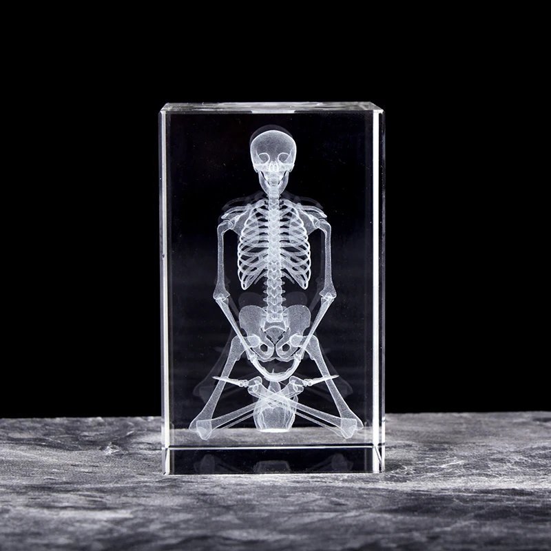 

3D Human Anatomical Skeleton Crystal Cube Decoration Laser Engraved Thinking Medical Science Gifts Fengshui Home Ornament