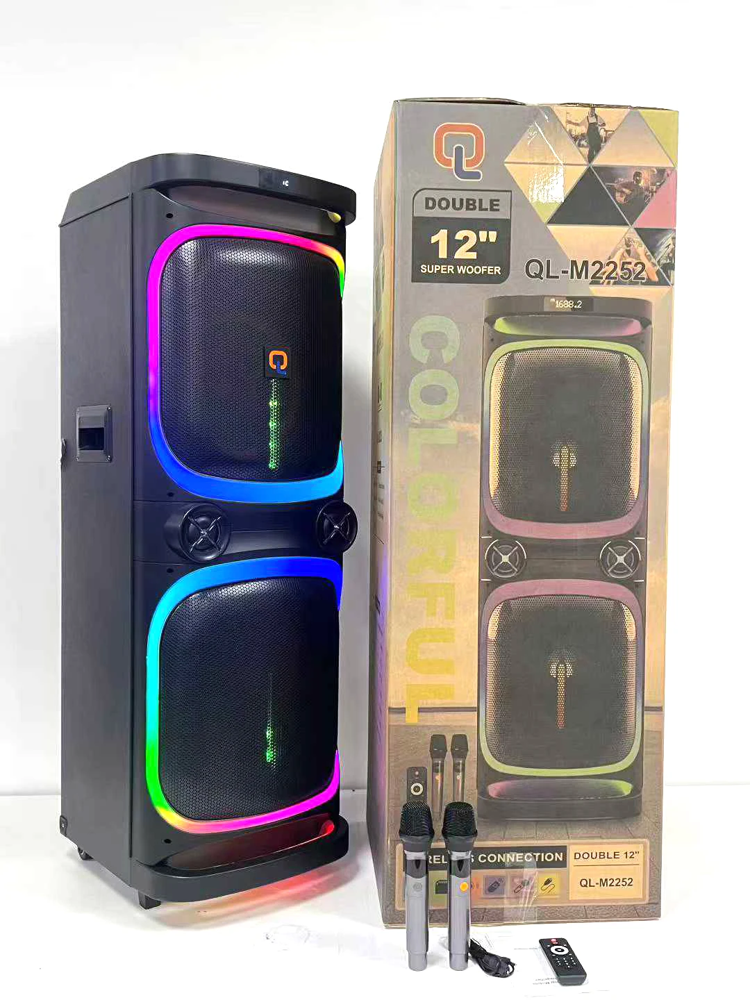 QL-M2252 Daul 12 Inch Super Bass Wireless Stage DJ Karaoke Trolley BT Speaker RGB Light Active Professional Outdoor Loud Speaker