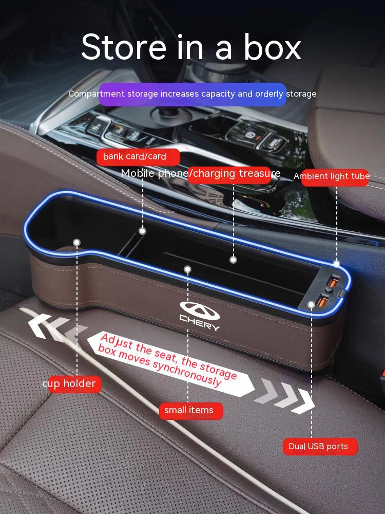For Chery Tiggo 3 4 5 7 Pro 8 Plus Arrizo 7 GX 5x EQ7 Fulwin 2 A3 A5 Car Seat Gap Crevice Slot Storage Box With Atmosphere lamp