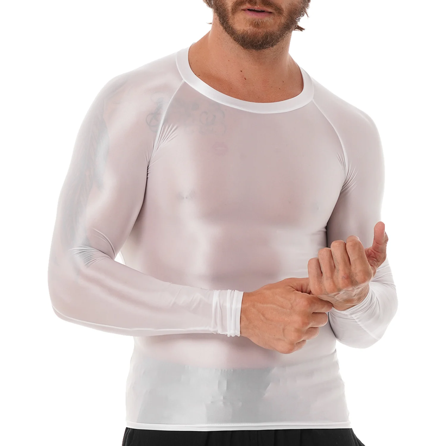 Men\'s Clothing Glossy O Neck Long Sleeve T-shirt Solid Color Slim Fit Breathable Shirt Tops Gym Jogging Yoga Sportwear