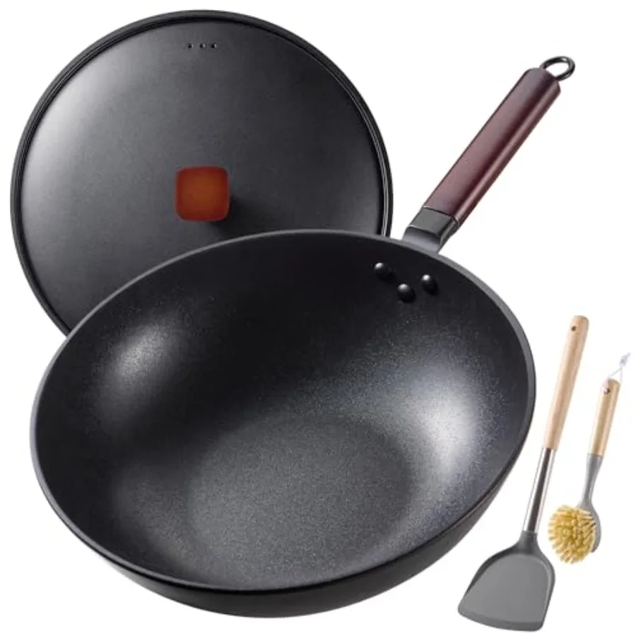 

Carbon Steel Wok 13 Inch Woks and Stirfry Pans Nonstick Wok Pan with Lid Spatula and Dish Brush: PreSeasoned Flat Bottom Chines
