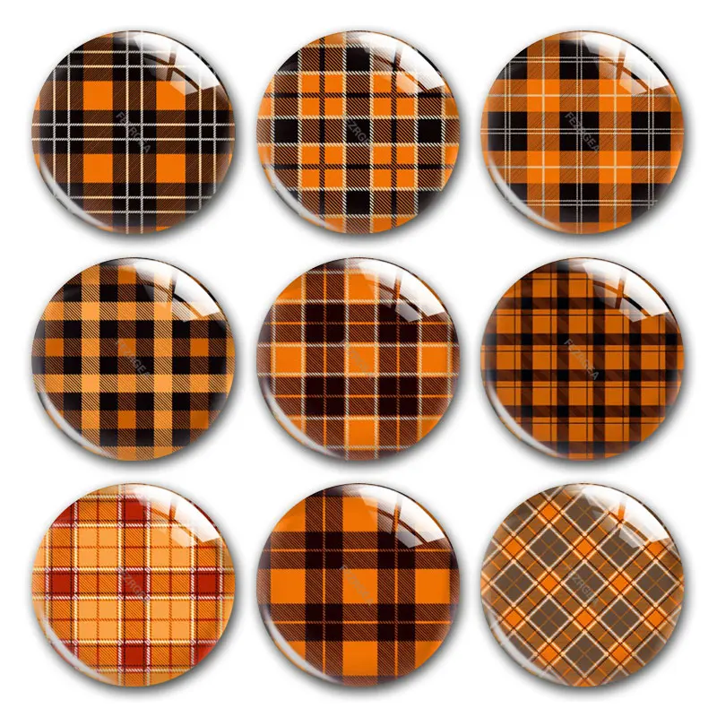 Thanksgiving Warm Fall Autumn Buffalo Plaid Round Photo Glass Cabochon Demo Flat Back DIY Jewelry Making Supplies Snap Button