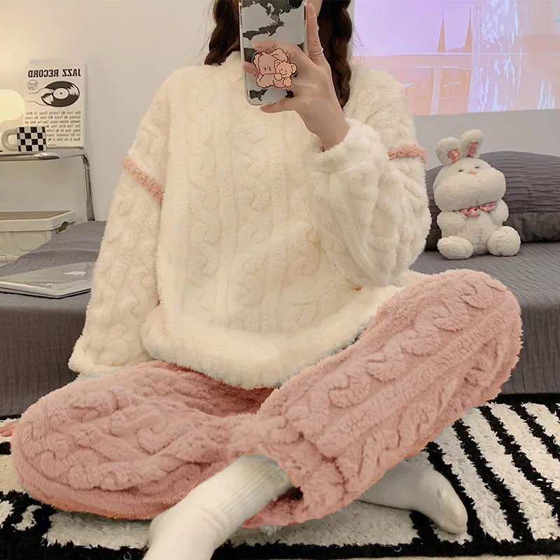 Coral fleece pajamas for women in winter new Instagram style simple and casual thick and warm loungewear set girl sleepwear