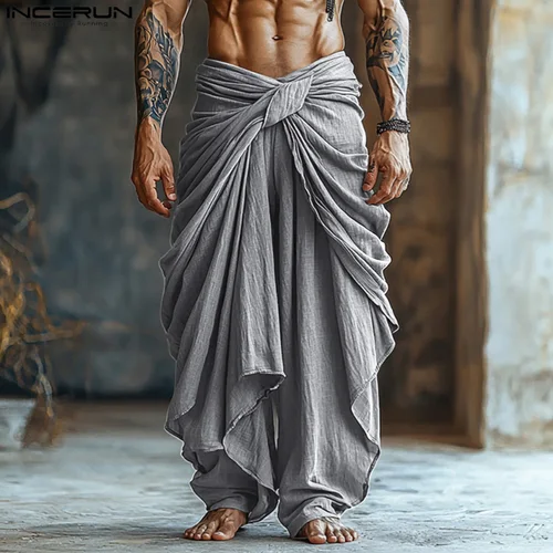 Imagen 2 del producto Pantalones para hombre, pantalones para correr de Color sólido, pantalones irregulares plisados con cordones de gran tamaño, ropa de calle para hombre, pantalones largos con cintura elástica 2025, INCERUN