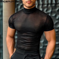 INCERUN Summer T-Shirts Short Sleeve Mesh Tee See Through Hollow Out Tops Tee Men's Clothing Sexy Streetwear Oversize Tops