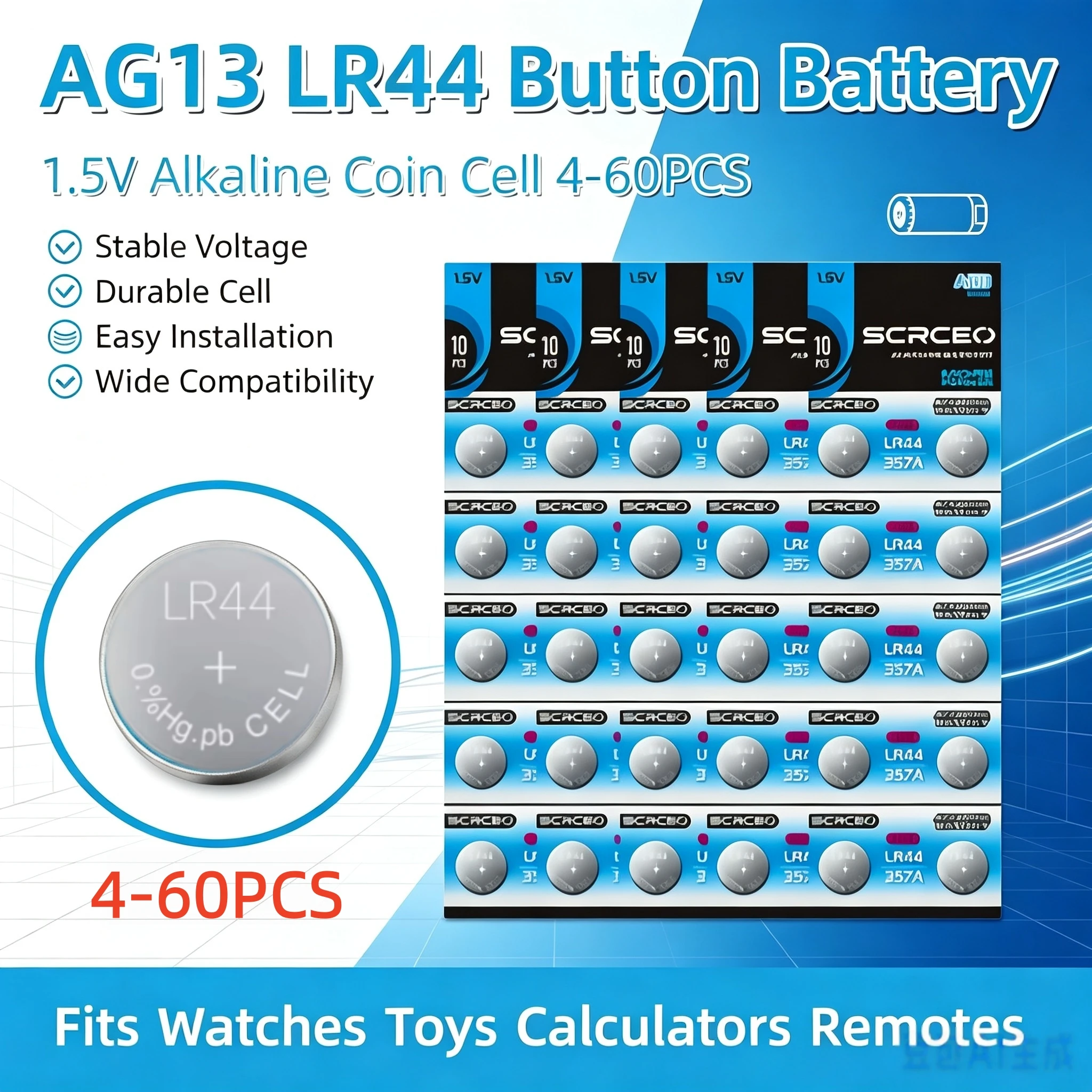 AG13 LR44 Button Battery 1.5V Lithium Battery 357 SR44 LR1154 For Watch Toy Calculator Car Key Remote Button Coin Cell 4-60pcs