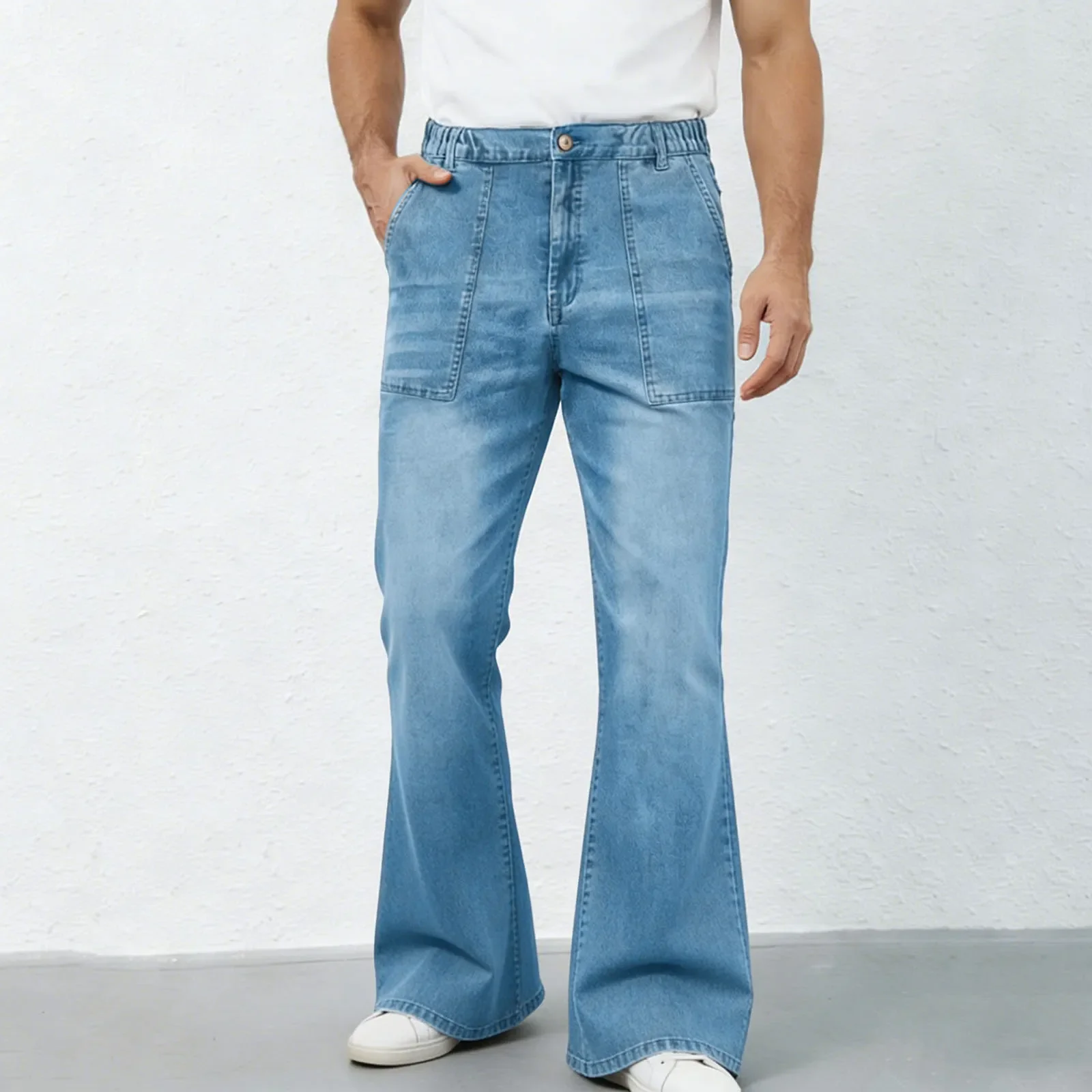Men Solid Color Super Stretchy Simple Basic Daily Trendy Floor Length Flared Denim Trousers European American Fashion Male Jeans