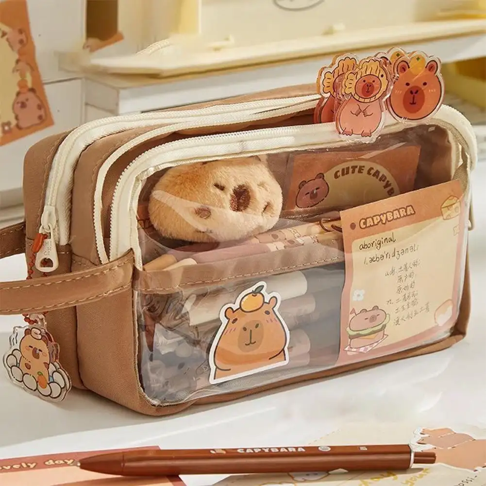 Cute Capybara Pencil Case Cute Capybara Pins and Plush Stickers and Memo Pad Clear Aesthetic Pencil Bags School Supplies