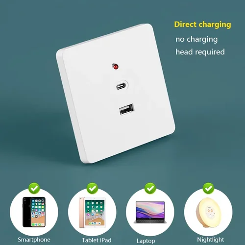 Imagen 2 del producto Enchufe USB C de pared Universal negro, toma de corriente USB tipo c de 2 puertos de 10W, toma de corriente eléctrica montada en la pared de 220V UE