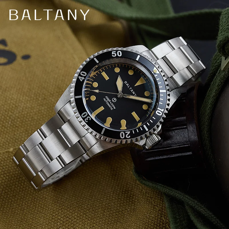 Baltany Vintage MilSubmariner Watch Rotation Bezel Brushed Bracelect Luminou Leather Sapphire 20ATM Stainless Steel Dive Watches