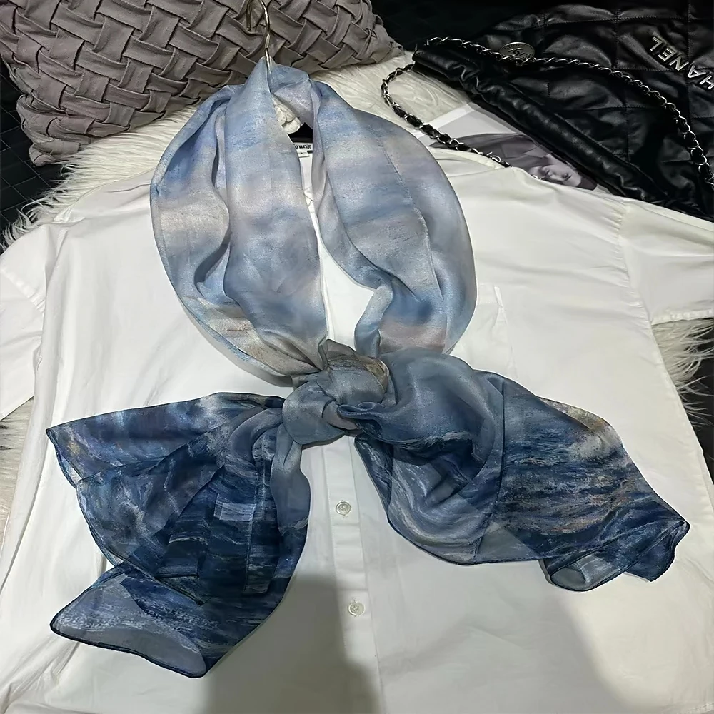 New Blue Ocean 100% Pure Silk Shawl Scarf Ladies Fashion Brand Long Scarves Wraps Women Summer Silk Chiffon Beach Scarf Cape