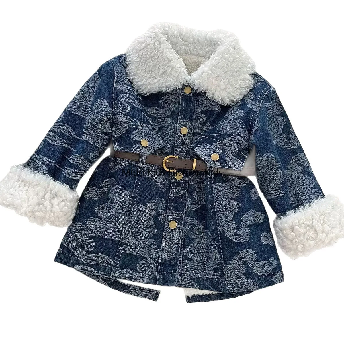Winter girls' denim jacket 2025 new padded thickened lamb's wool medium-length denim dresses90-140CM