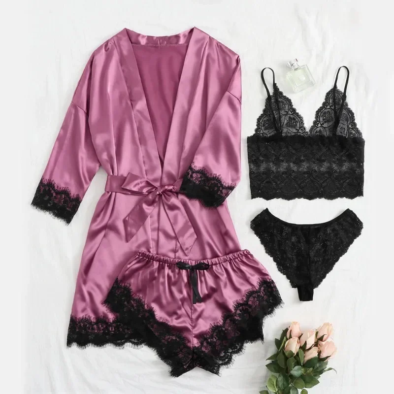 Black Sexy Women\'s Pajamas Satin 4-piece Lace Silk Suspender Tops Shorts Robe Pajamas Set Nightgown Underwear Nightdress Suit