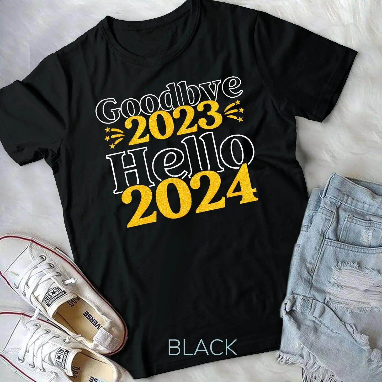 

Goodbye 2023 Hello 2024 New Years Eve Party Gold Happy New Year Unisex T-shirt