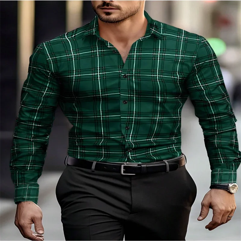 2025 new men's classic striped plaid long-sleeved shirt Men's classic red casual fashion shirt top