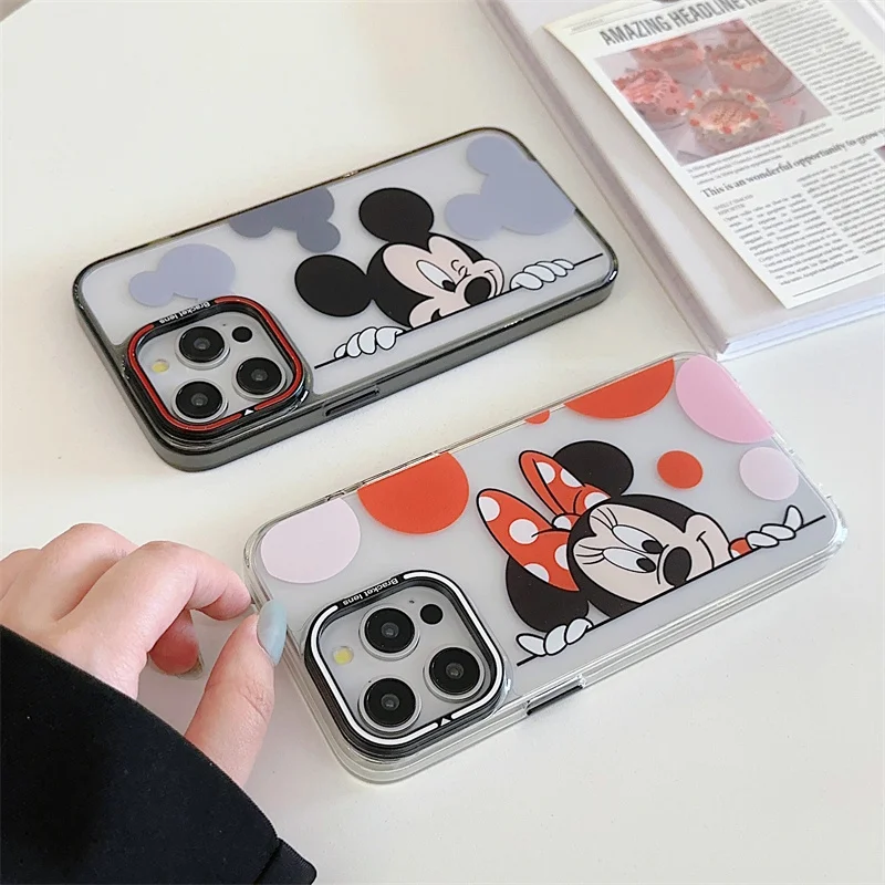 Cartoon Cute Disney Mickey Minnie Clear Armor Phone Case For iPhone 15 14 13 Pro Max Lens Protect Folding Stealth Bracket Cover