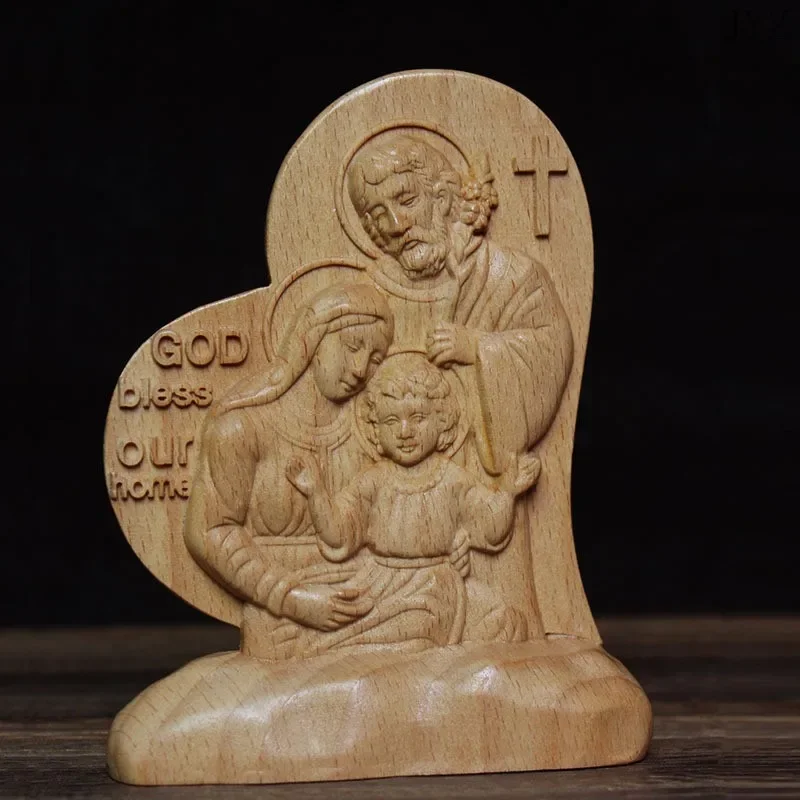 Catholic Holy Family Virgin Joseph Jesus Wood Carving Icon Bedroom Living Room Desktop Decor