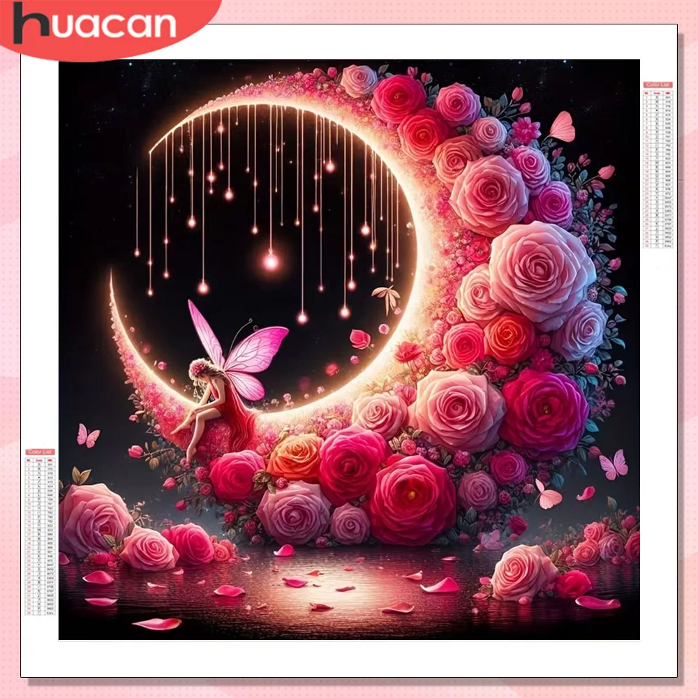 HUACAN Diamant-Mosaik, Mondlandschaft auf dem Boden, Diamant-Gemälde, Rosen-Pfingstrosen-Kunst-Set, Wohnzimmer-Dekoration, handgefertigt