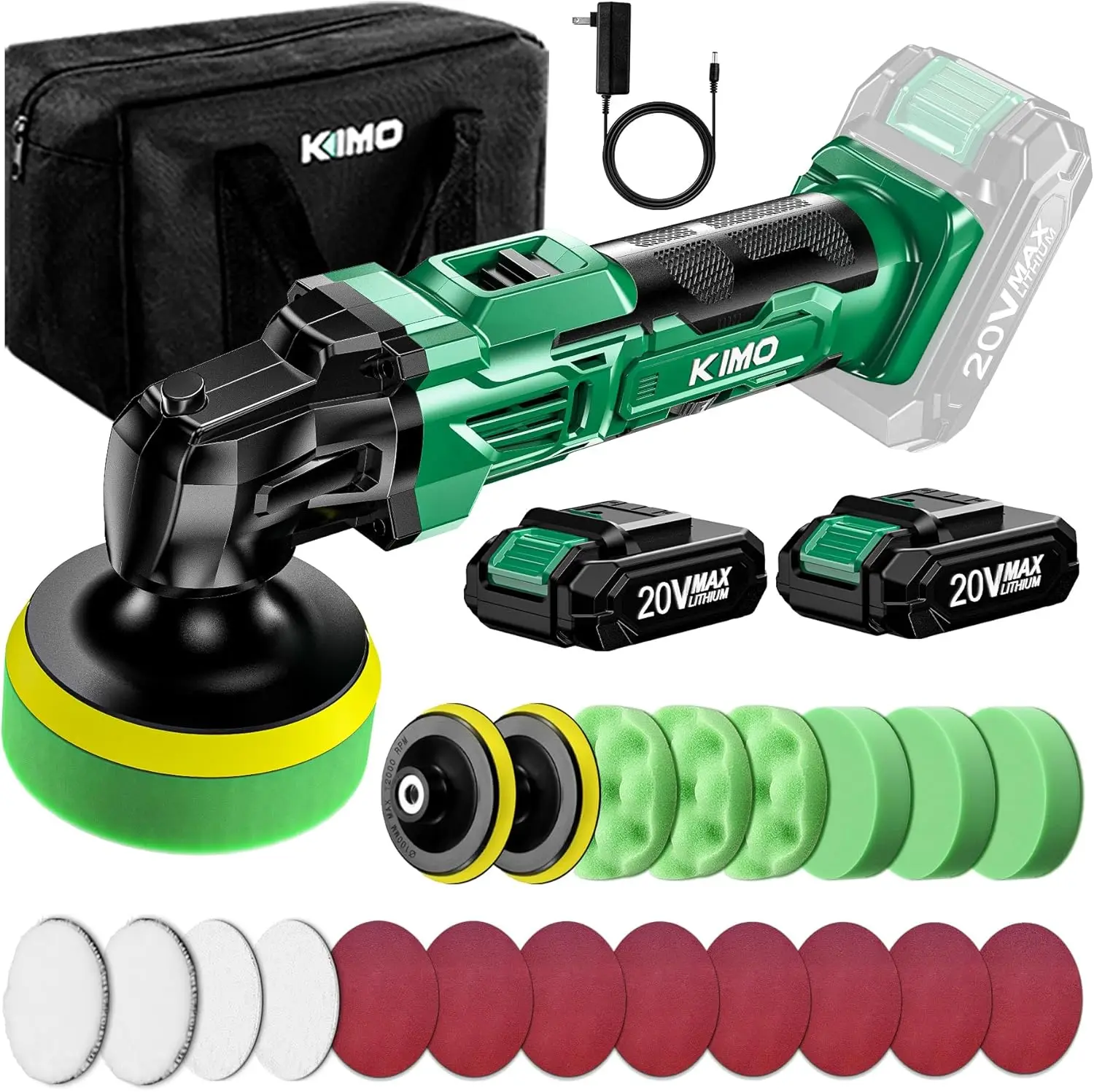 

KIMO 20V Cordless Buffer , 24 Accessories, 2 X 2000mAh Batteries, Car w/ 6 Variable Speed to 3634RPM, Cordless for Car Detai