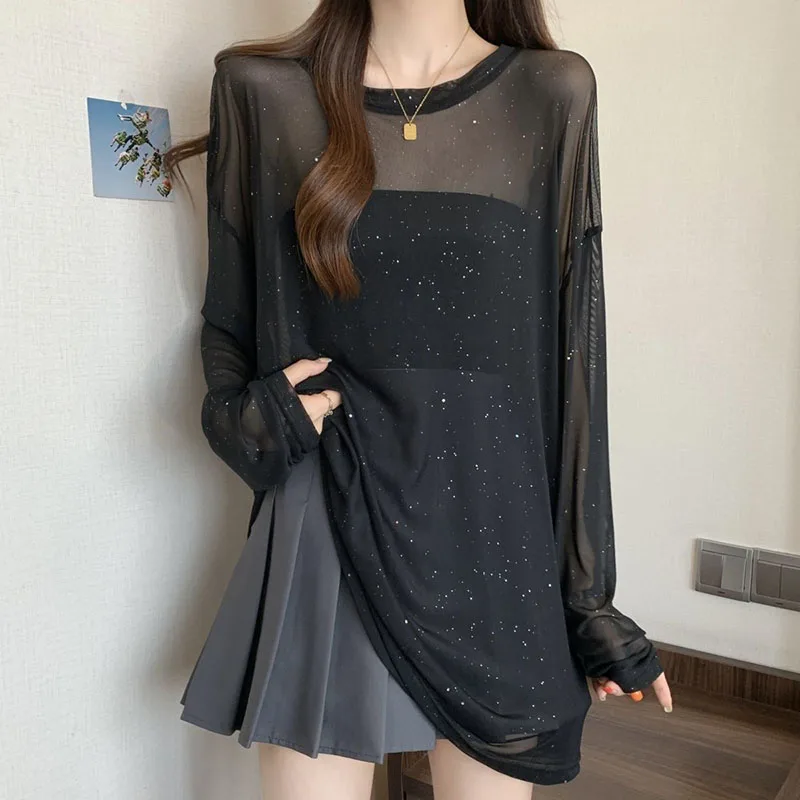 Black Sexy See Through Sheer T-Shirts Women Luxury Sequin Thin Ice Silk Long Sleeve T Shirt Summer Breathable Sun-Proof Tops