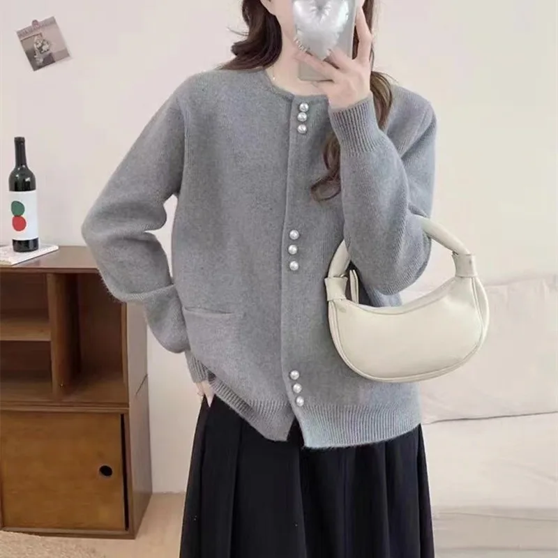 Solid O-Neck Button Cardigan Women Knitted Retro Daily Casual Sweater Cardigan Long Sleeved Knitted Cardigan Autumn Winter