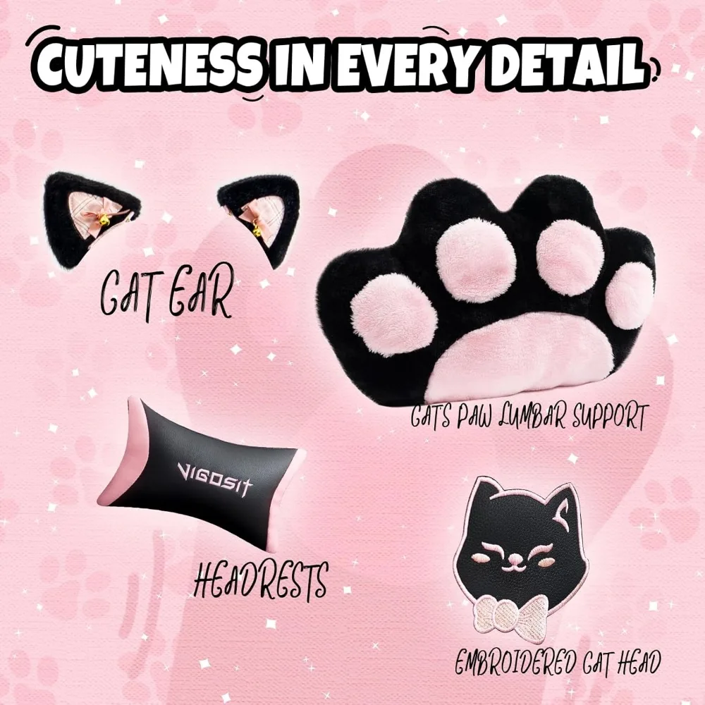 Ergonomic Gaming Chair with Footrest, Cute Cat Ear Design, Comfortable Desk Chair for Women, Ideal for Gamers and Office Use