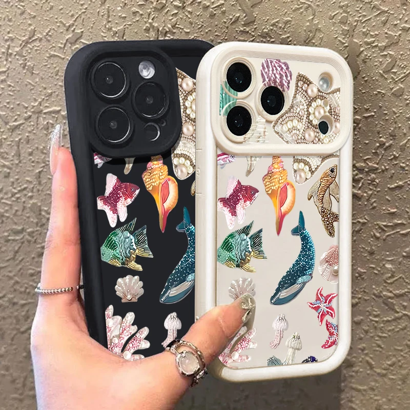 حافظة هاتف من البولي يوريثان لهاتف آيفون 17 16e 15 16 Pro Max 14 16 Plus لهاتف آيفون إير 13 12 Pro Max 11 غطاء سيليكون مطبوع عليه الكائنات البحرية