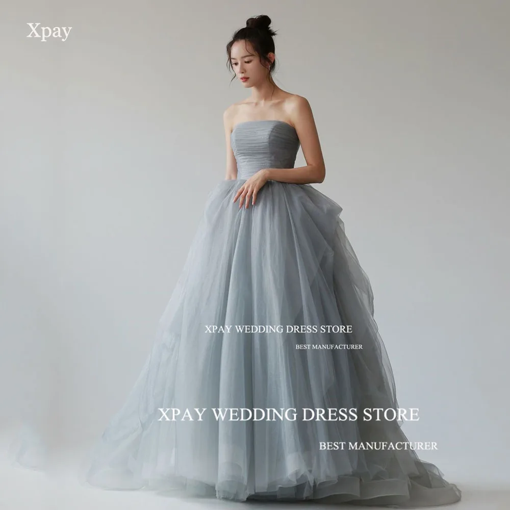 

XPAY Strapless Dusty Blue Korea Evening Dresses Corset Backless Sleeveless Formal Gown Photo Shoot Tiered Wedding Party Dress