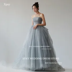 Xpay sem alças empoeirado azul coreia vestido de noite personalizado sem costas sem mangas vestido formal sessão de fotos em camadas vestido de festa de casamento