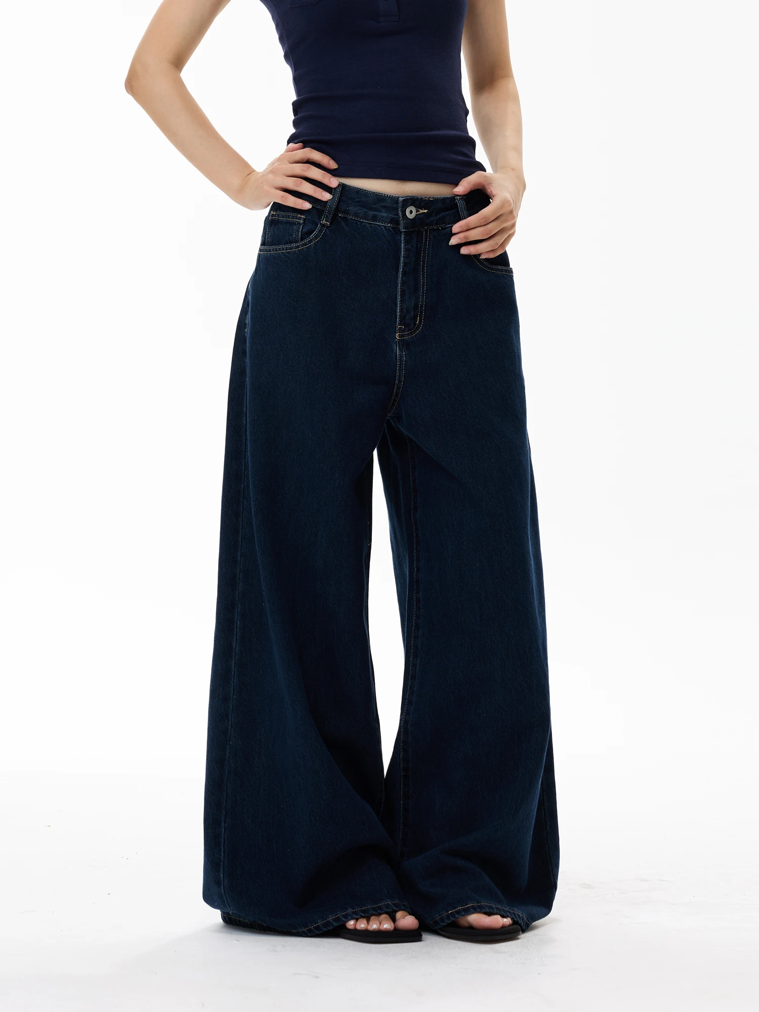 Yeboon American Retro Denim Jeans Loose Wide Leg Pants Basic Washed Deep Blue Long Trousers Unisex Cotton Polyester Blend