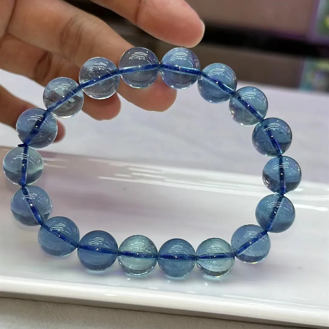 Natural Blue Aquamarine Round Beads Bracelet 11.2mm Women Men Brazil Stretch Blue Aquamarine Jewelry AAAAA