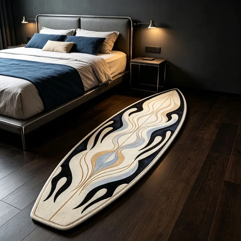 Vintage Flame Surfboard‑Shaped Rug Cool Art Long Bedside Carpet Modern Minimalist Plush Floor Mat for Living Room Bedroom