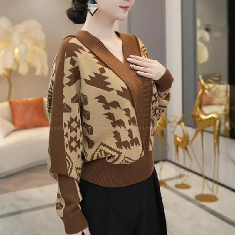 Women\'s Stylish Vintage Elegant Patchwork Knitted Sweater Autumn Winter Ladies V Neck Long Sleeve Pullovers Casual Loose Jumper