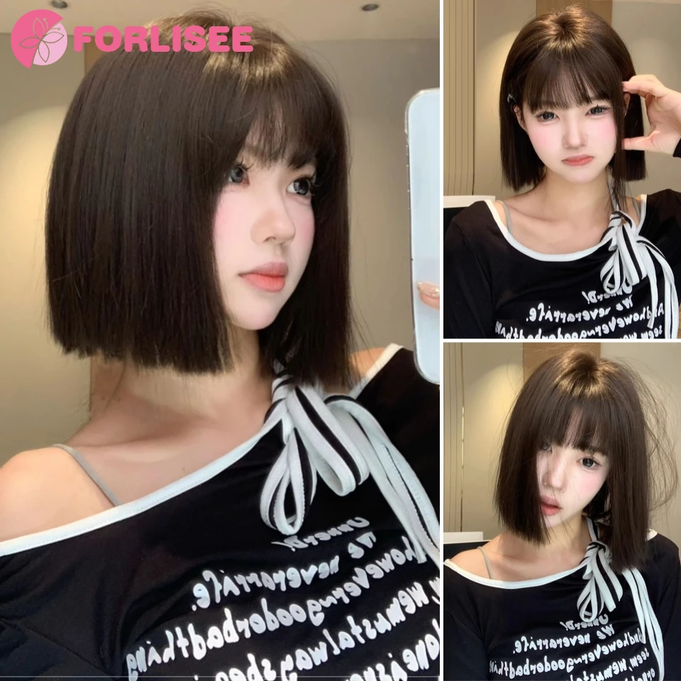 FORLISEE 여성용 짧은 합성 가발, 앞머리 있는 블랙 다크 브라운, 밥 스트레이트 가발, 고온 데일리 코스프레 파티 가발