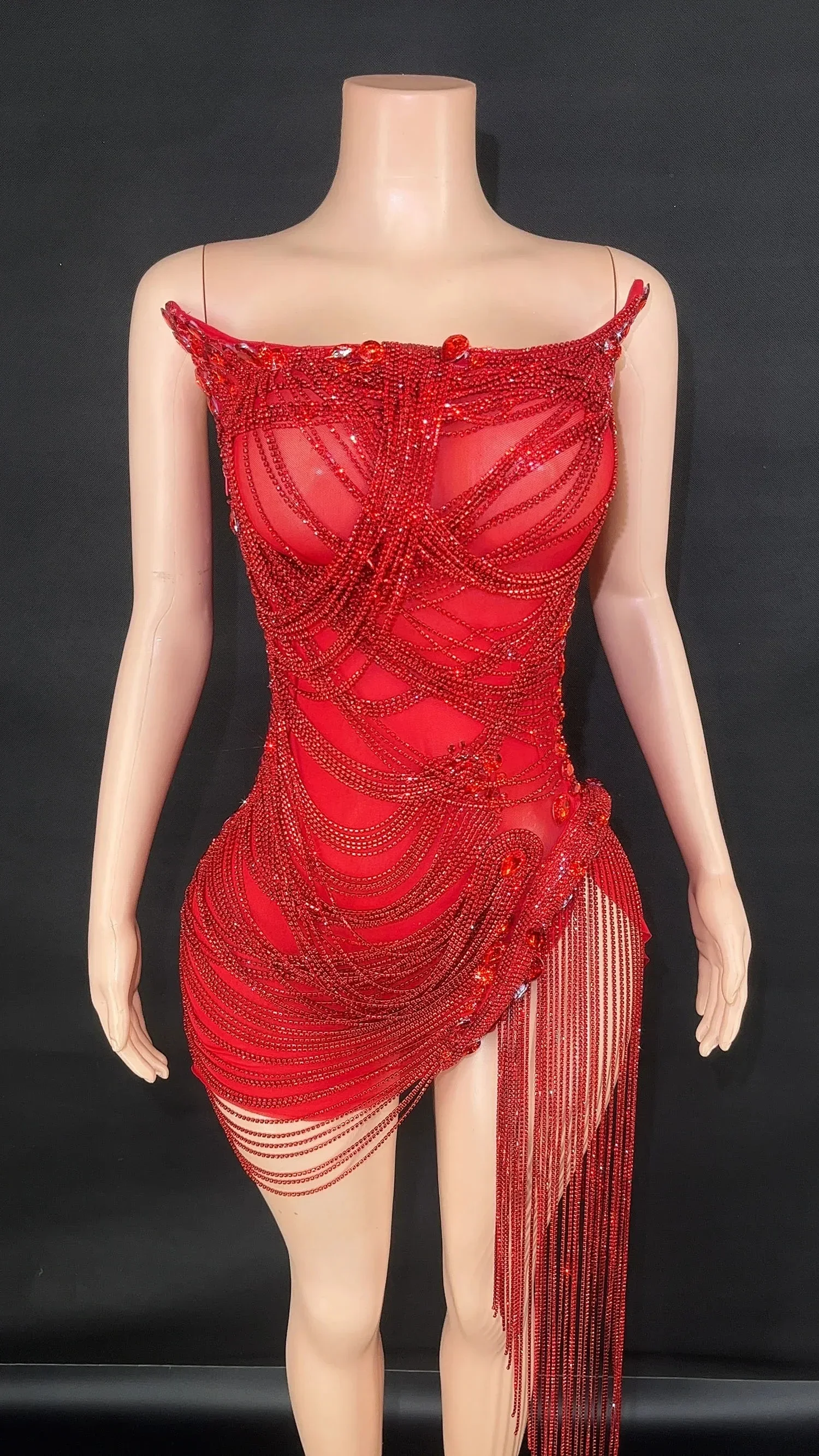 Sparkly Red Rhinestones Fringes Mesh See Through Short Dress for Women Sexy Celebrate Birthday Wedding Evening Prom Dress