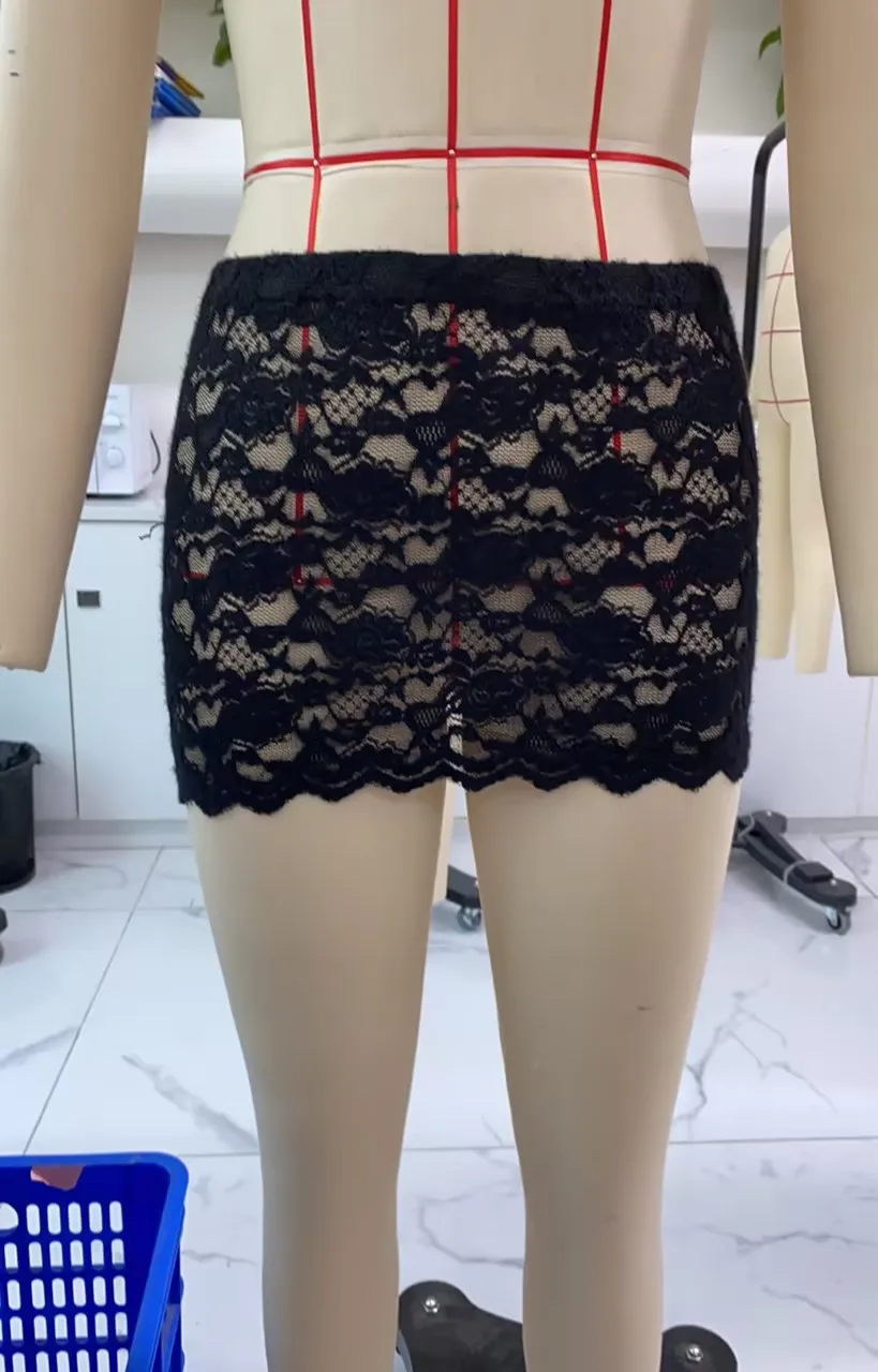 Y2k Odzież Damska Czarne Koronkowe Mini Spódniczki Casualowe Niski Stan Przezroczyste Spódniczki Moda Ołówkowe Bodycon Krótkie Spódniczki