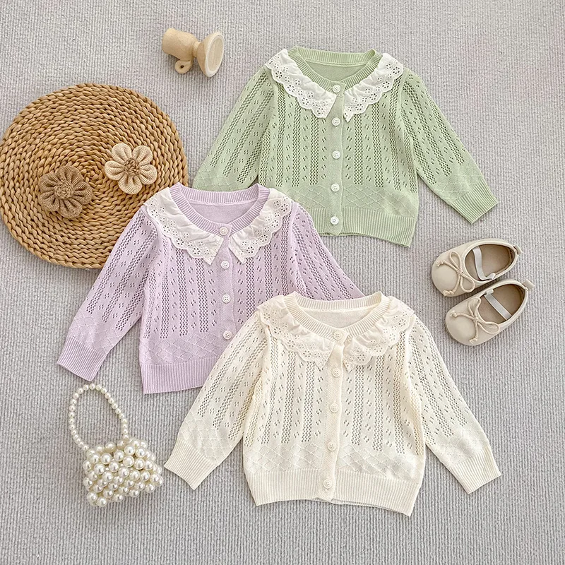 2026 Summer New Baby Thin Hollow Solid Color Soft Sticky Lace Collar Lace Button Cardigan
