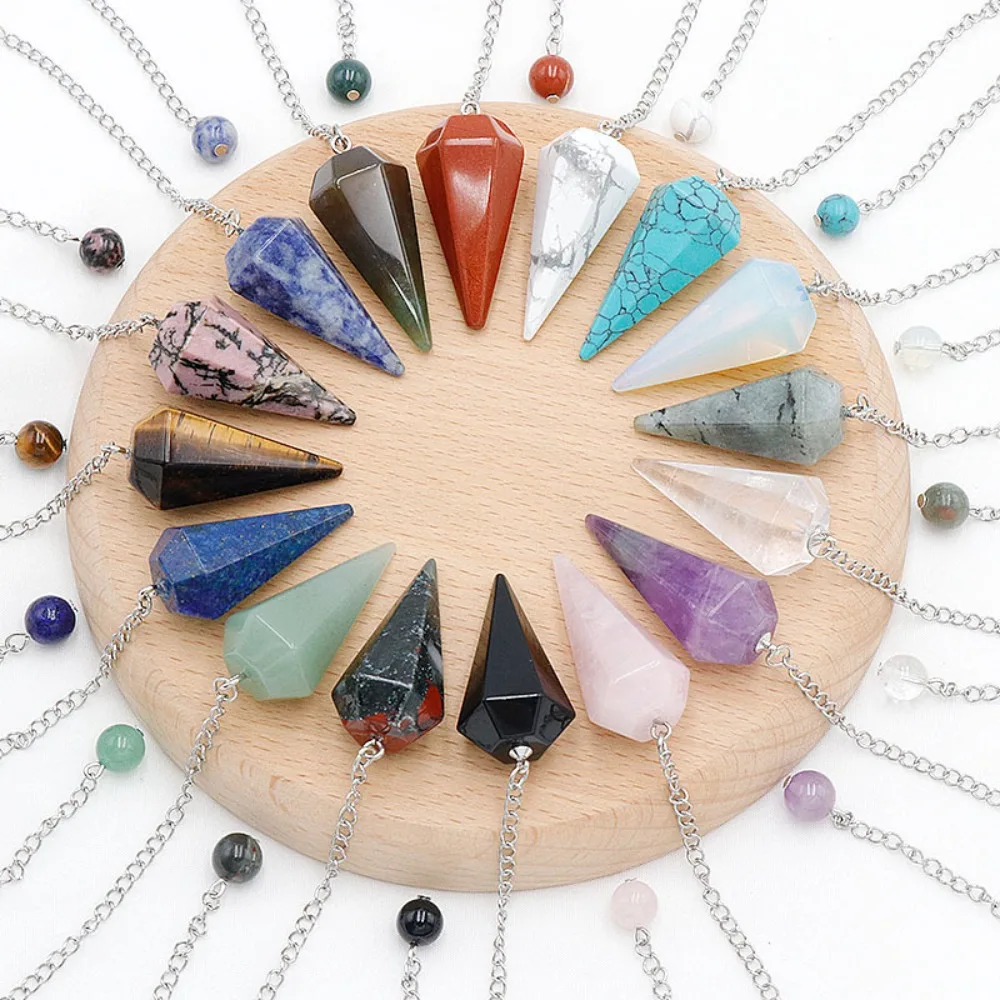 

Mixed Faceted Natural Stone Pendulum Pendants, Healing Crystal Charms for Reiki Dowsing & Jewelry Making
