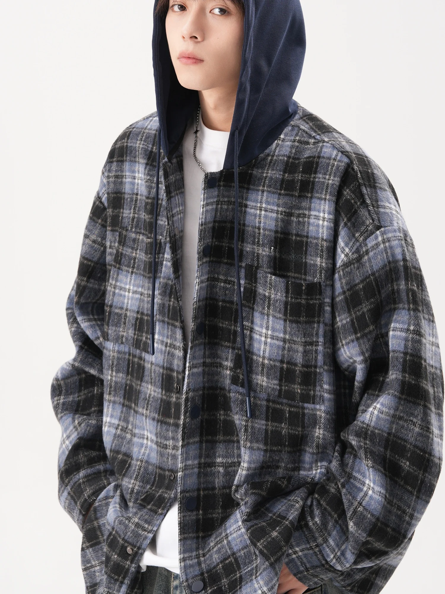 

American Sle Plaid Hooded irt Casual Loose Men's Women's Autumn Jaet Lazy Couple's Coat Polyester Fiber Long Sve
