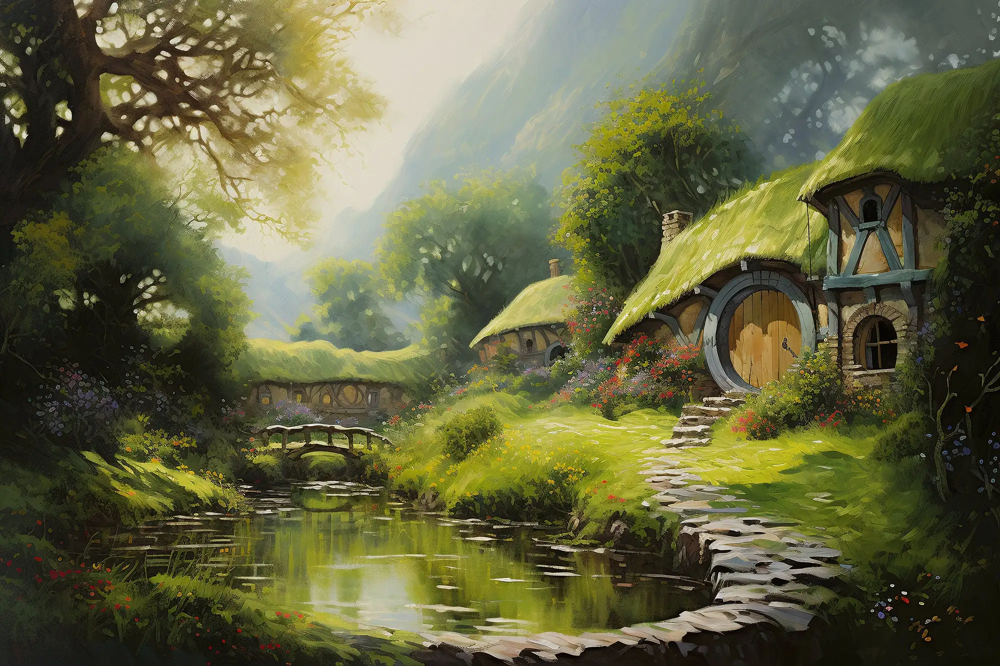H-Hobbit maison toile peinture Art impression, Shire paysage mur Art, Nature campagne fantaisie pour