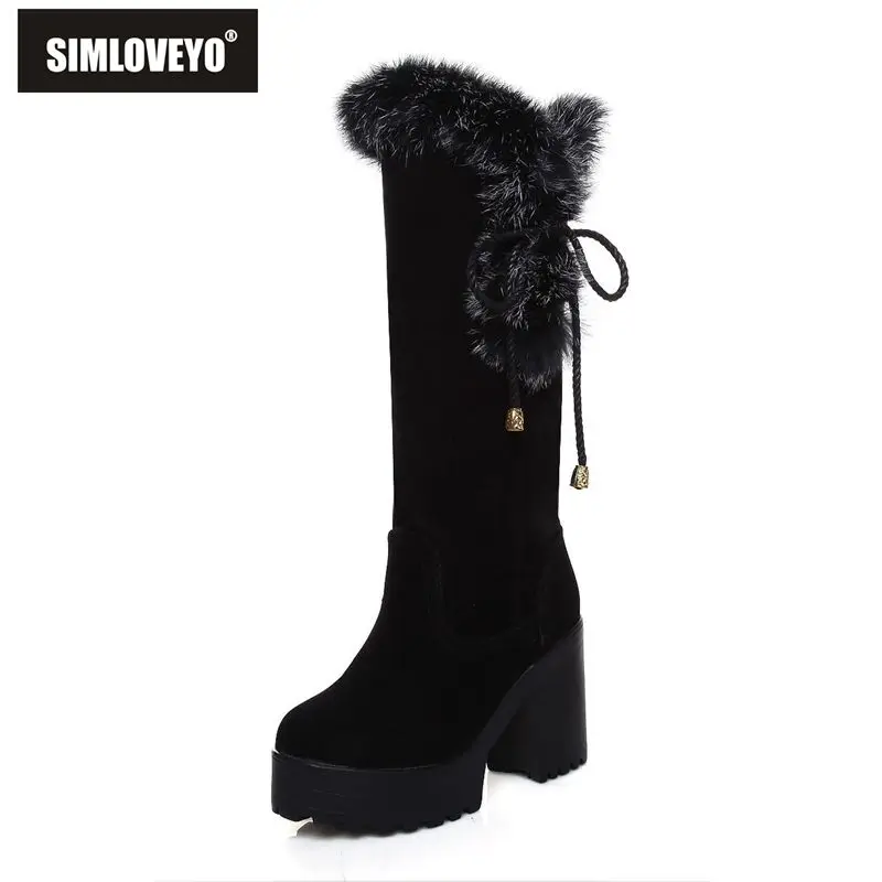 SIMLOVEYO Yellow Women Winter Boots Round Toe 9.5cm Block Heel 3.5cm Platform Slip On Warm Plush Big Size 45 46 Knee High Botas