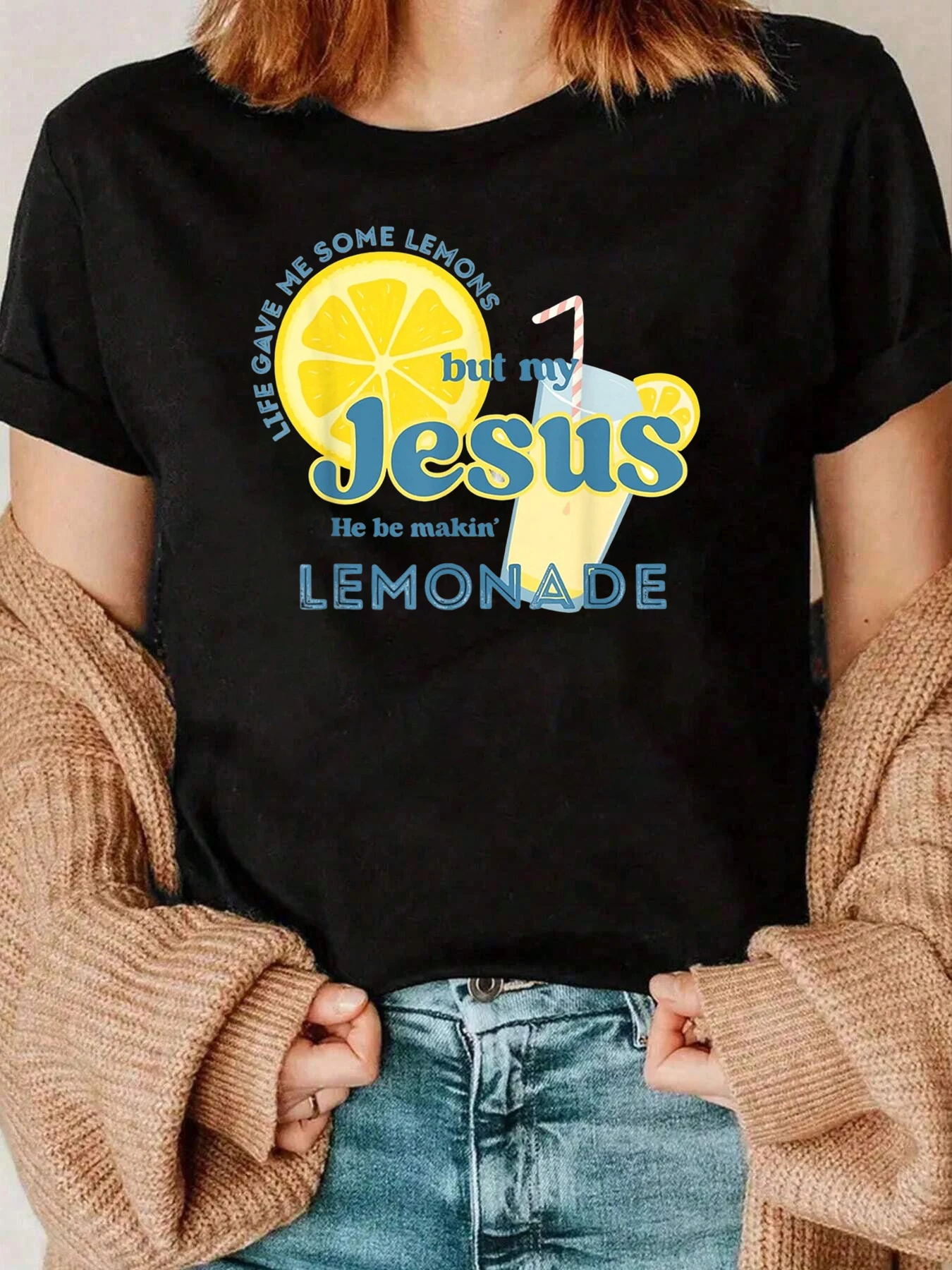 레몬 예수 레모네이드 프린트 티셔츠 부활절 캐주얼웨어 여성용 220g